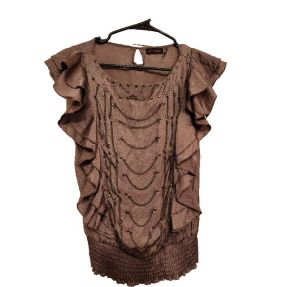 Love Culture dark toupe top with bronze embellishments. M - Picture 1 of 6